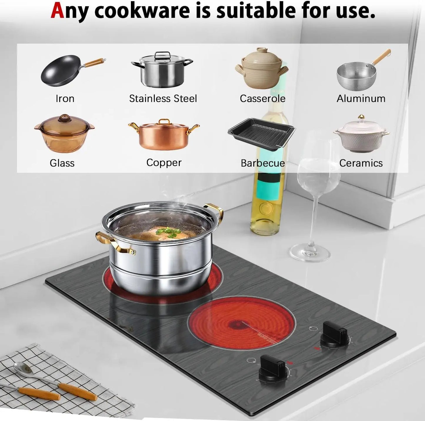 Karinear Electric Cooktop 2 Burners, 110v Portable Electric Stove Top with Knob, Glass Cooktop, Beautiful Woodgrain Pattern