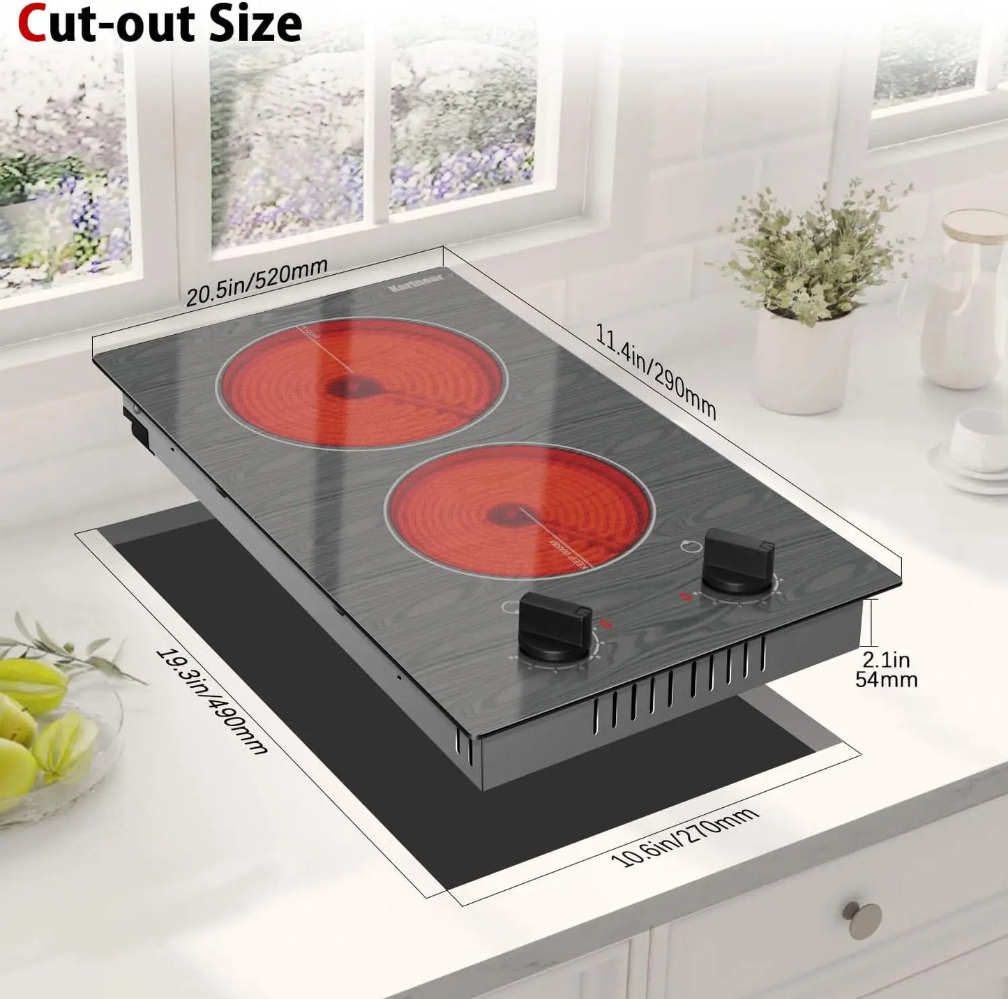 Karinear Electric Cooktop 2 Burners, 110v Portable Electric Stove Top with Knob, Glass Cooktop, Beautiful Woodgrain Pattern