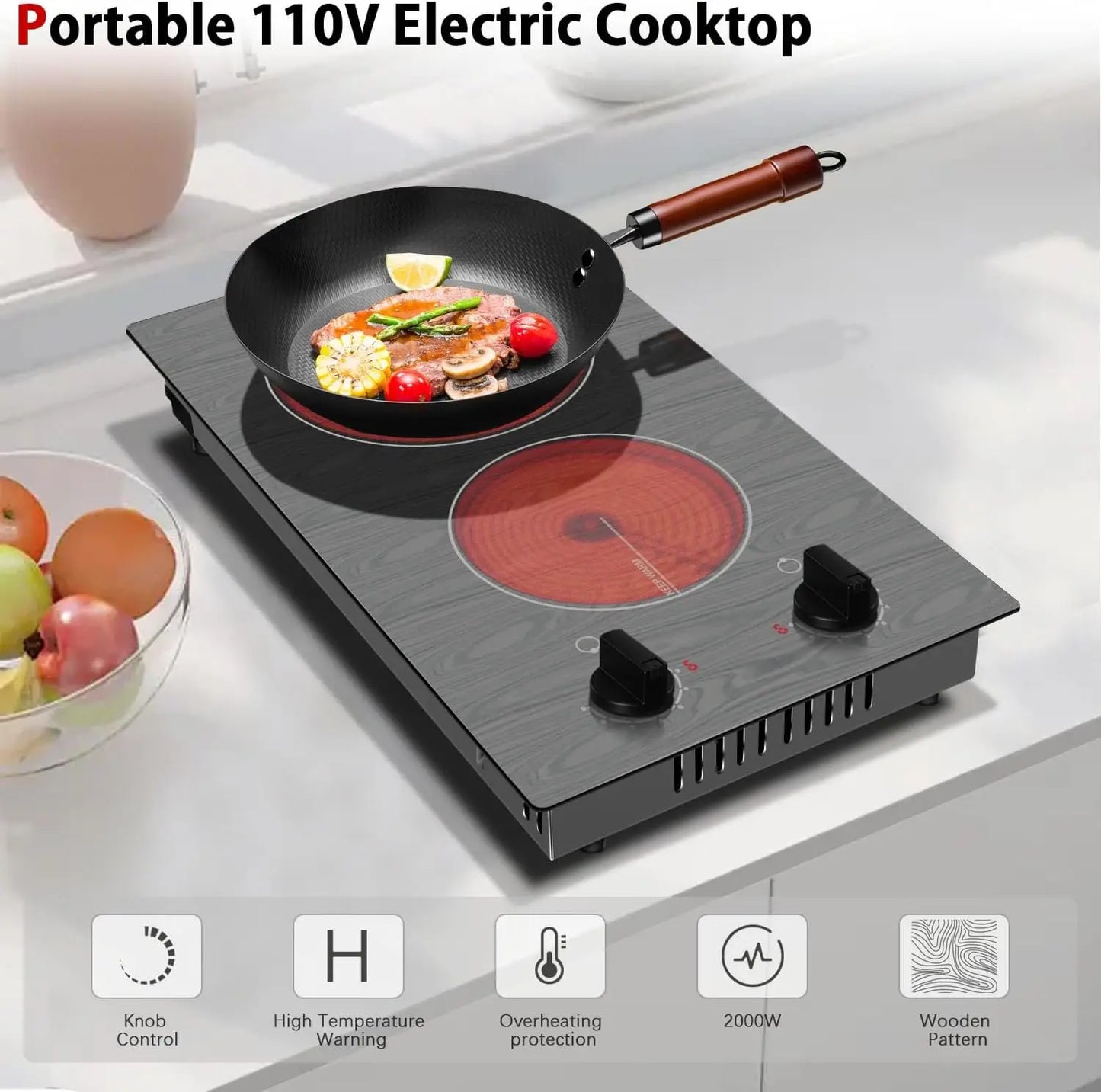 Karinear Electric Cooktop 2 Burners, 110v Portable Electric Stove Top with Knob, Glass Cooktop, Beautiful Woodgrain Pattern