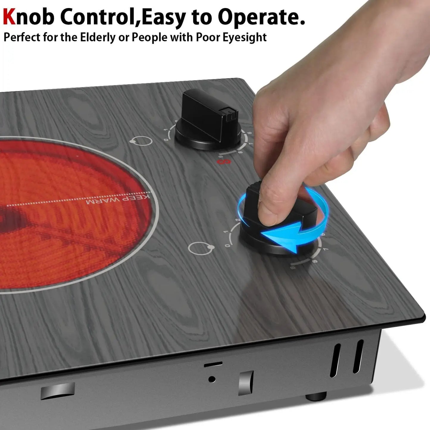 Karinear Electric Cooktop 2 Burners, 110v Portable Electric Stove Top with Knob, Glass Cooktop, Beautiful Woodgrain Pattern