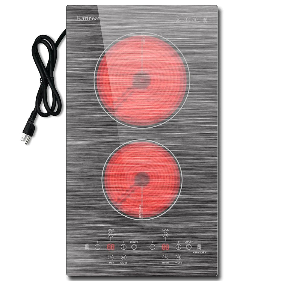 Karinear Electric Cooktop 2 Burners, 110v Portable Electric Stove Top with Knob, Glass Cooktop, Beautiful Woodgrain Pattern