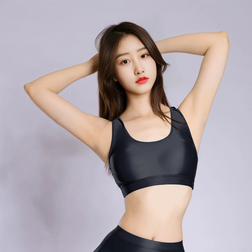 Sexy Women Candy Color Top Oil Glossy Shiny Short Vest Stain Smooth Tank Top Yoga Elastic Dance Tights Cute Streetwear