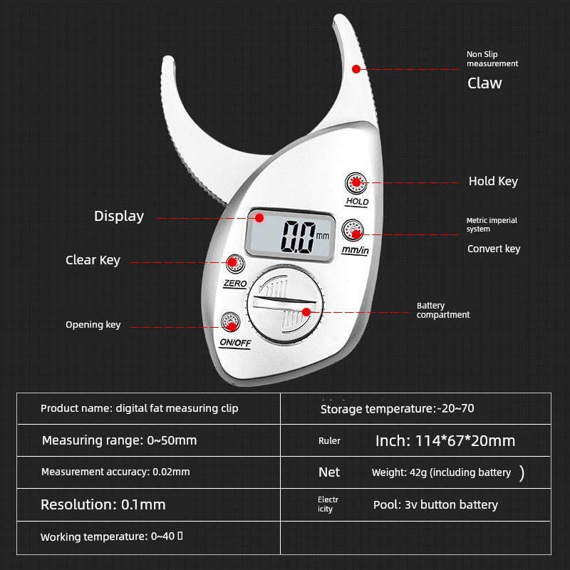 Body Fat Clip Sebum Clamp Measuring Body Fat Skinfold Thickness Measuring Meter For Home Hand-Held Digital Display Digital Subcutaneous Fat Ruler