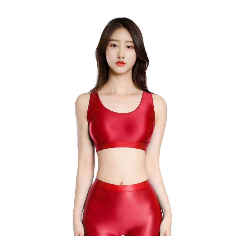 Sexy Women Candy Color Top Oil Glossy Shiny Short Vest Stain Smooth Tank Top Yoga Elastic Dance Tights Cute Streetwear