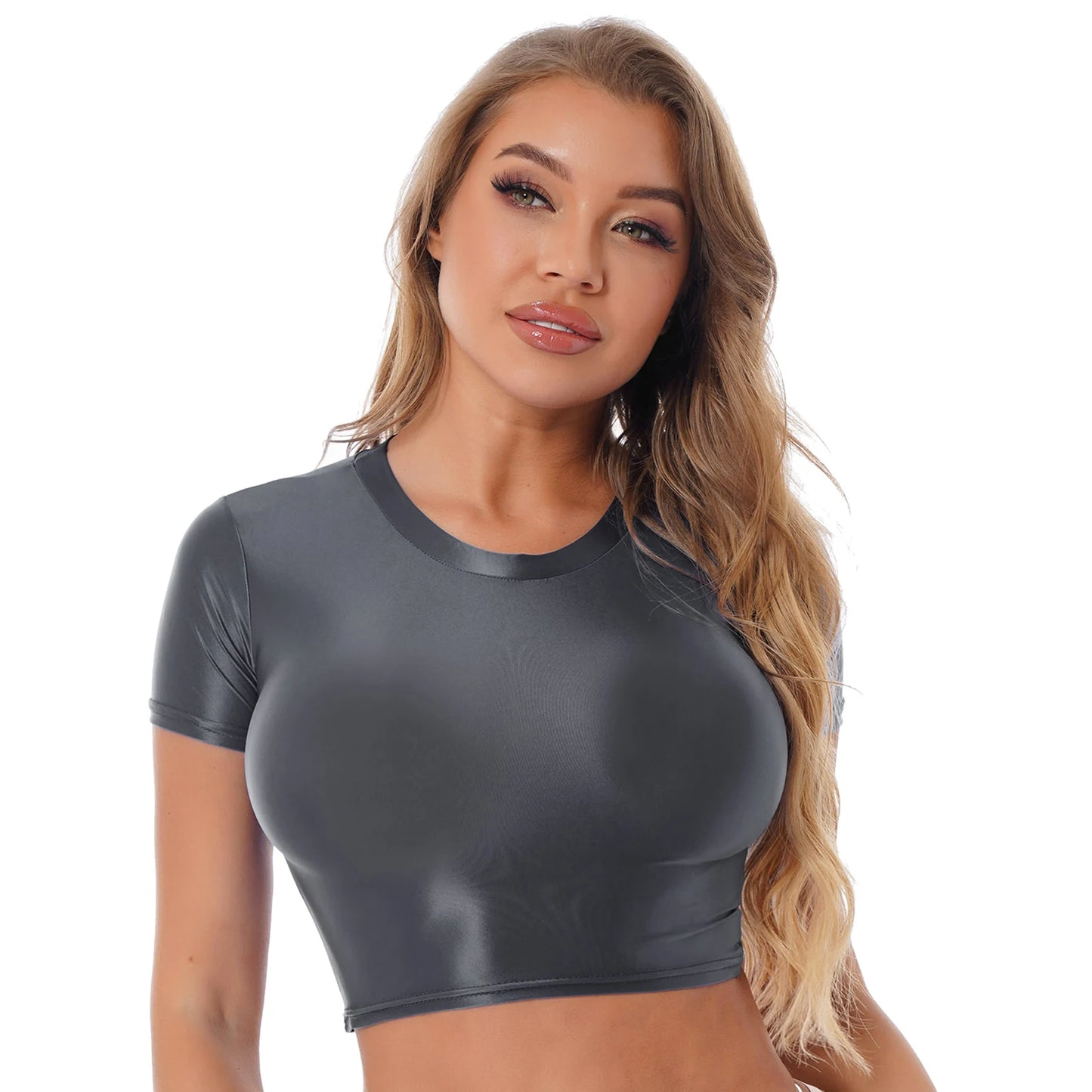 Womens Glossy Two-piece Outfit Oil Shiny Smooth High Waist Mini Skirt with Tank Top Nightclub Rave Outfit Pole Dancing Clubwear