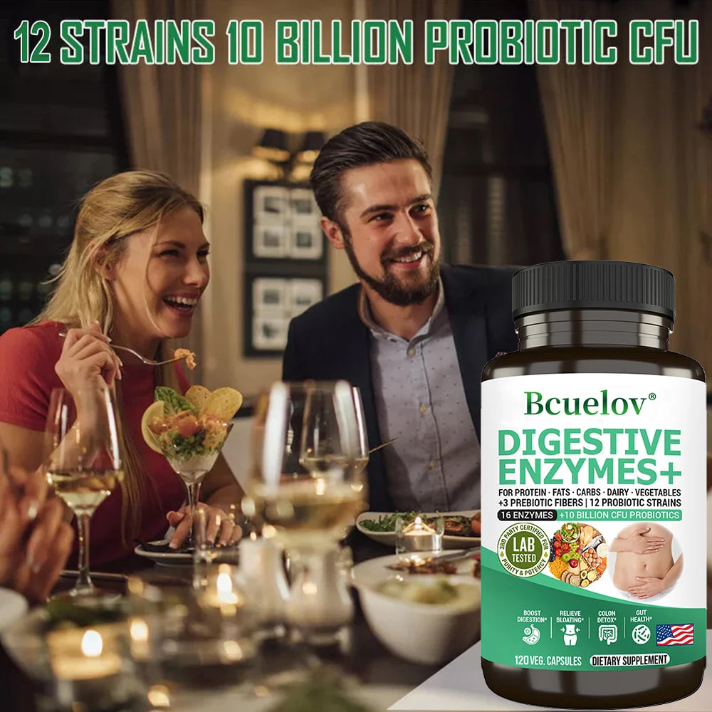 Digestive Enzyme Supplement - 3 Prebiotics, 12 Probiotics, 10 Billion CFU - Digestion, Nutrient Absorption, Colon Detoxification