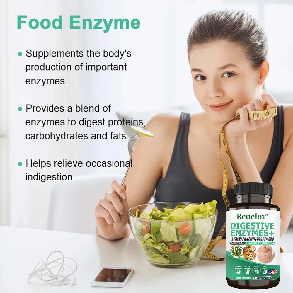 Digestive Enzyme Supplement - 3 Prebiotics, 12 Probiotics, 10 Billion CFU - Digestion, Nutrient Absorption, Colon Detoxification