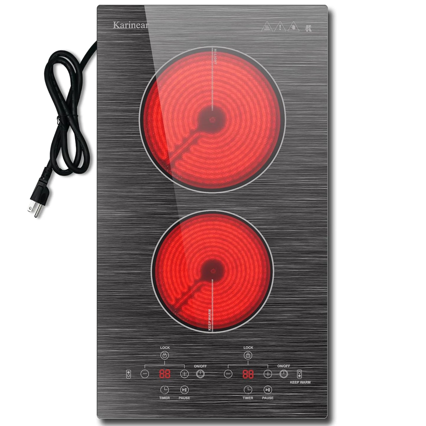 Karinear Electric Cooktop 2 Burners, 110v Portable Electric Stove Top with Knob, Glass Cooktop, Beautiful Woodgrain Pattern