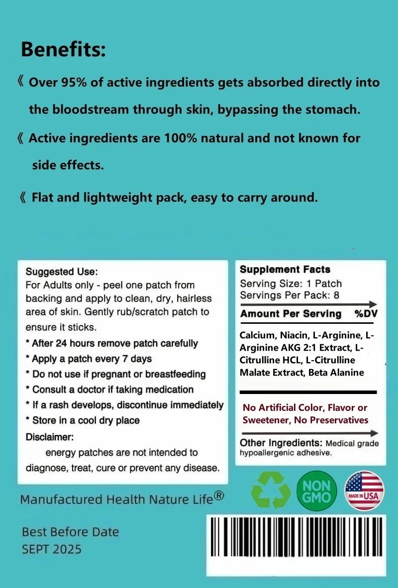 Extra Strength Nitric Oxide Transdermal Patches - Performance Formula for Stamina & Endurance - for Strength & Energy