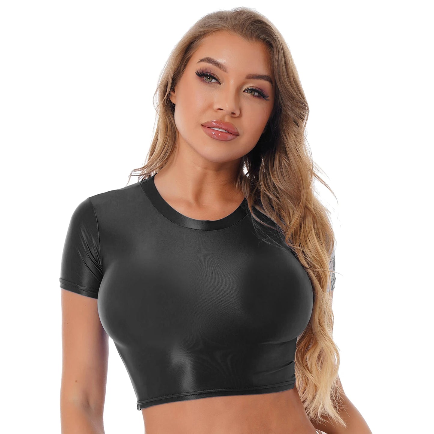 Womens Glossy Two-piece Outfit Oil Shiny Smooth High Waist Mini Skirt with Tank Top Nightclub Rave Outfit Pole Dancing Clubwear