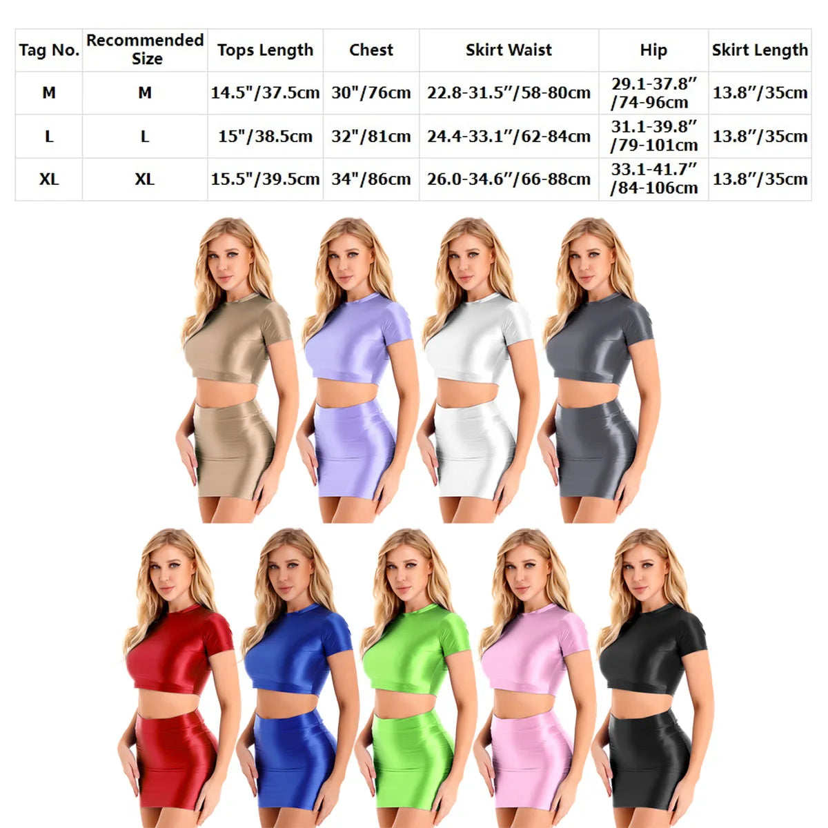 Womens Glossy Two-piece Outfit Oil Shiny Smooth High Waist Mini Skirt with Tank Top Nightclub Rave Outfit Pole Dancing Clubwear