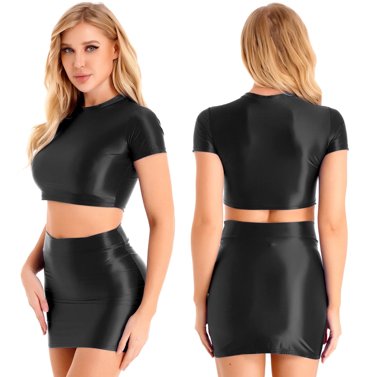 Womens Glossy Two-piece Outfit Oil Shiny Smooth High Waist Mini Skirt with Tank Top Nightclub Rave Outfit Pole Dancing Clubwear