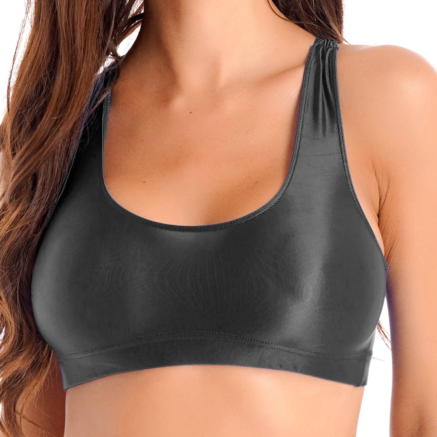 Womens Glossy U Neck Tank Tops Oil Swimsuit Tops Vest Tanks Gym Fitness Camis for Sport Yoga Solid Color Sleeveless Crop Top