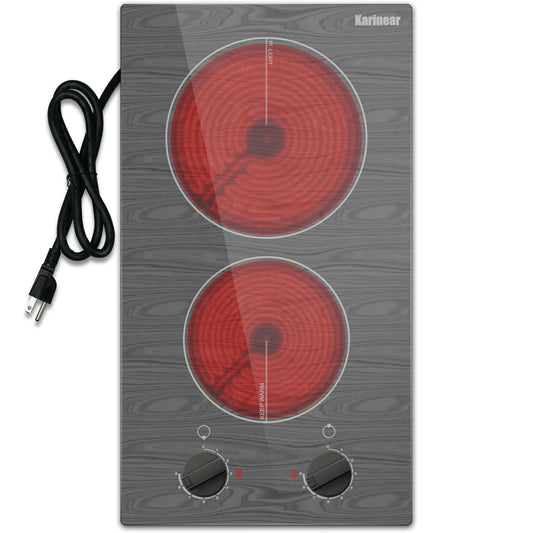 Karinear Electric Cooktop 2 Burners, 110v Portable Electric Stove Top with Knob, Glass Cooktop, Beautiful Woodgrain Pattern