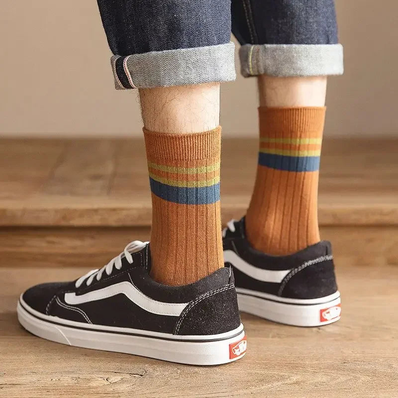 Men's Striped Cotton Socks Spring Fashion Casual Socks High Quality Harajuku Retro Socks Man Calcetines Hombre Meias Masculina
